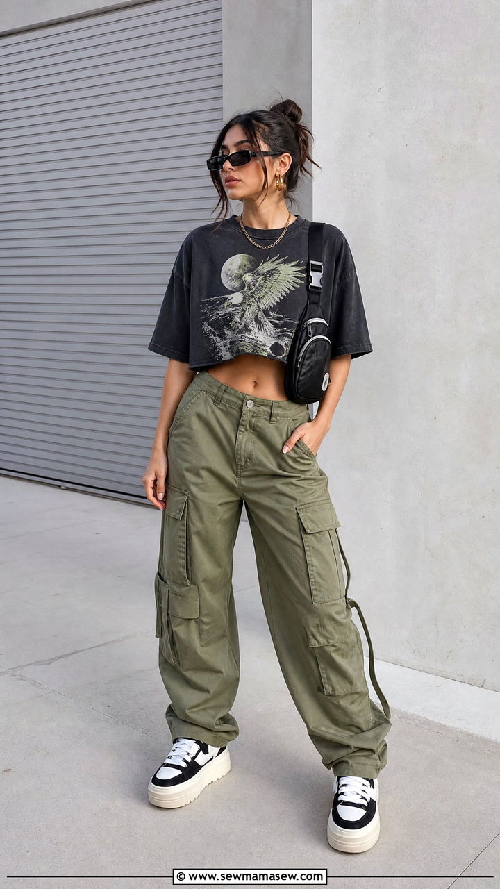 Graphic Crop Top With Cargo Pants - 20 graphic crop top outfit ideas