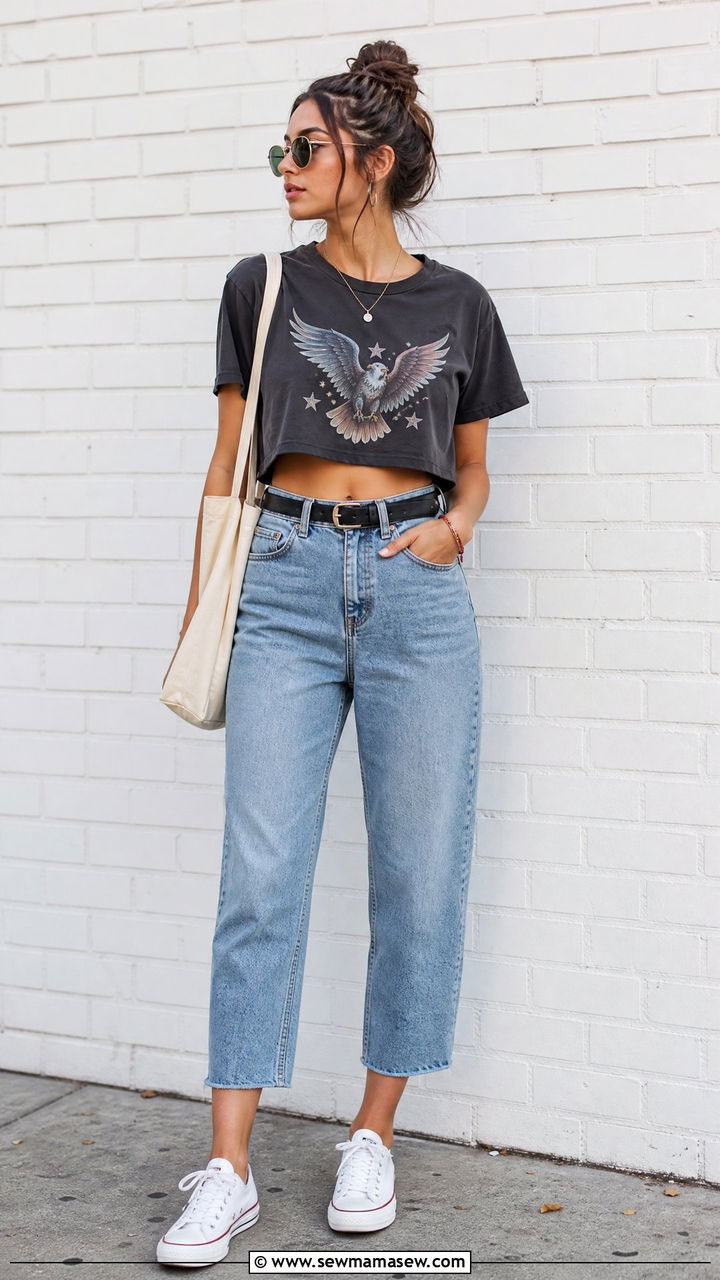 Graphic Crop Top With Cropped Jeans - 20 crop top with cropped jeans outfit ideas