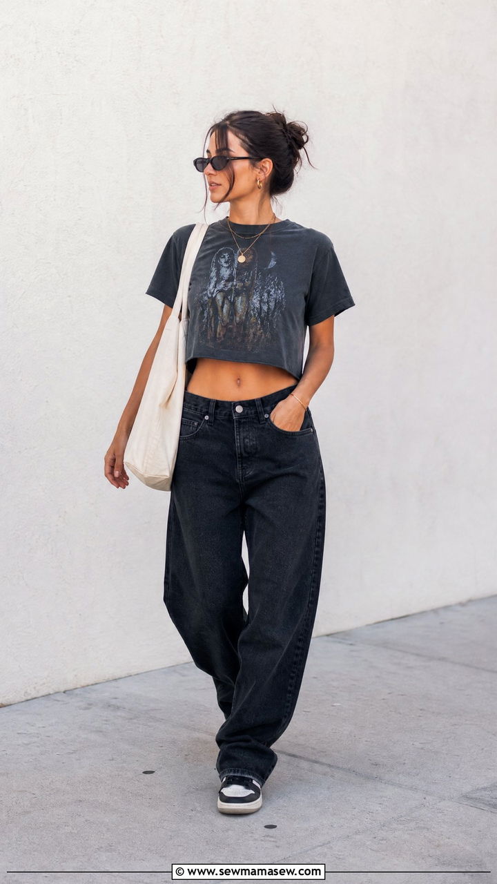 Graphic Crop Top With Dark Wash Baggy Jeans - 20 crop top with dark wash jeans outfit ideas