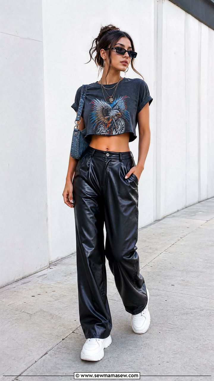 Graphic Crop Top With Faux Leather Pants - 20 crop top with faux leather pants outfit ideas