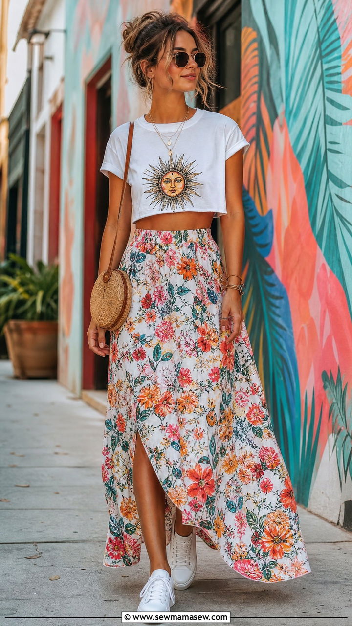 Graphic Crop Top With Floral Maxi Skirt Outfit - 20 crop top with floral maxi skirt outfit ideas