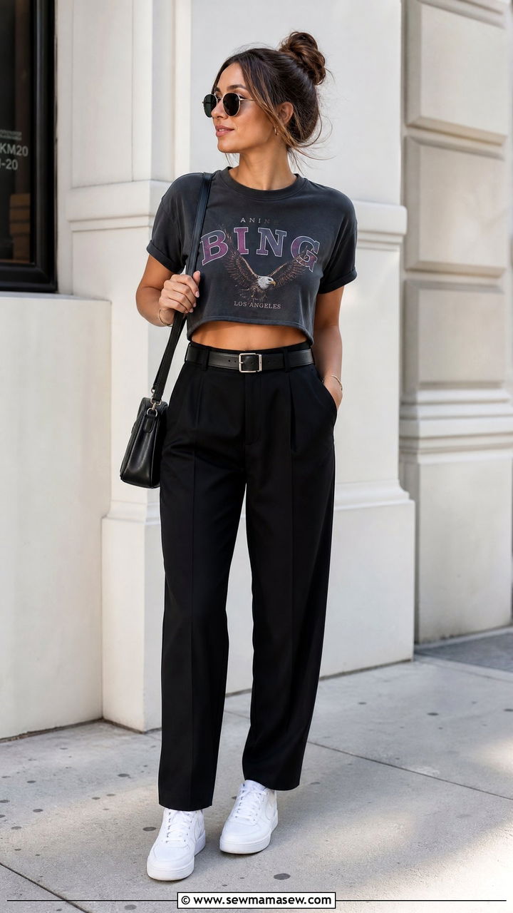 Graphic Crop Top With High Waisted Trousers - 20 crop top with high waisted trousers outfit ideas