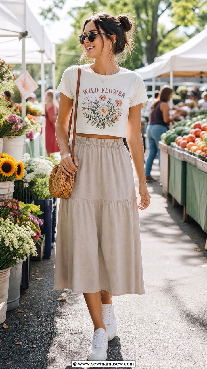 Graphic Crop Top With Midi Skirt - 20 graphic crop top outfit ideas
