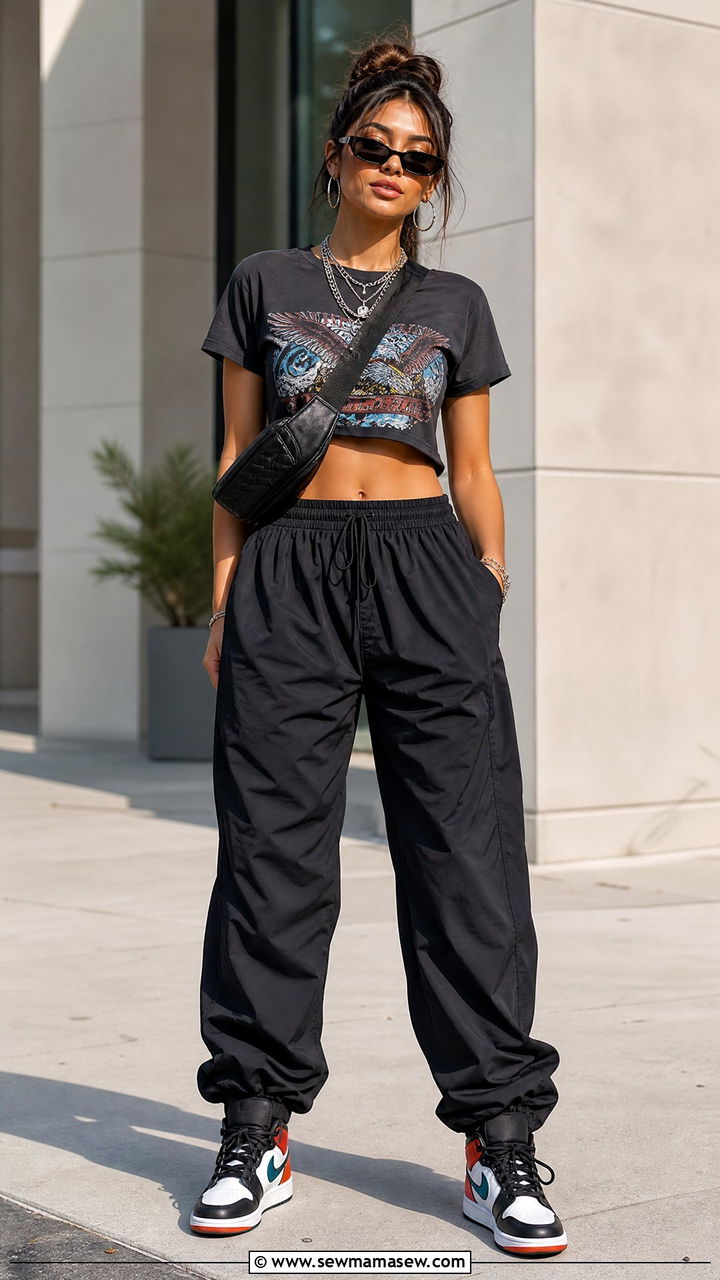 Graphic Crop Top With Parachute Pants Outfit - 20 crop top with parachute pants outfit ideas