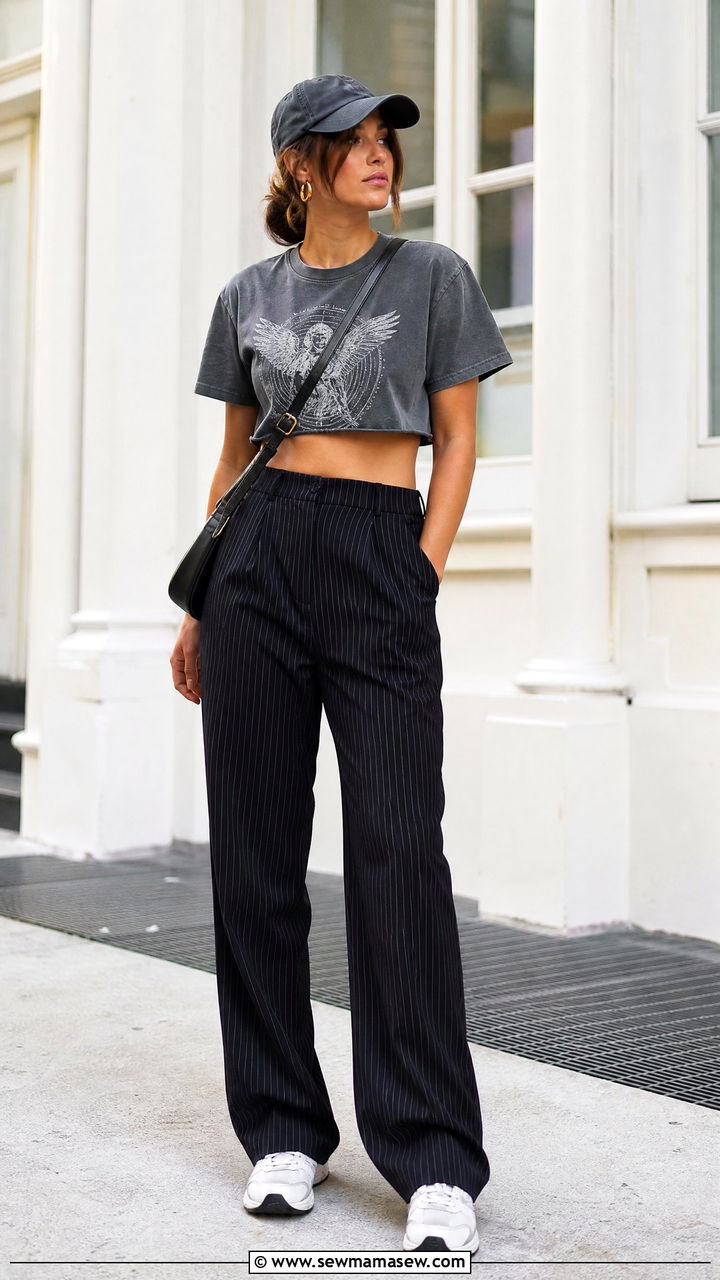 Graphic Crop Top With Pinstripe Pants - 20 crop top with pinstripe pants outfit ideas