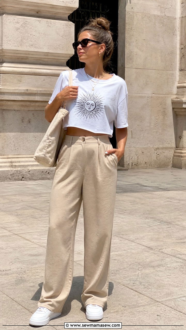 Graphic Crop Top With Relaxed Trousers - 20 crop top outfits for vacation