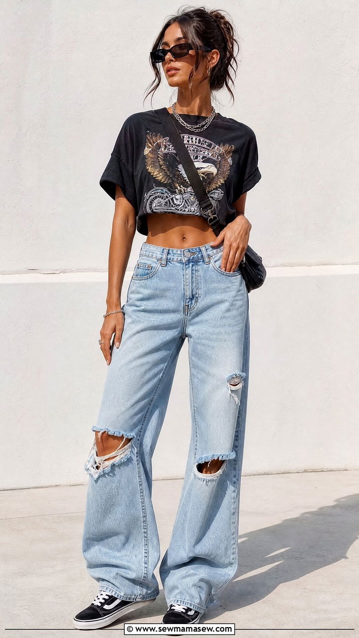 Graphic Crop Top With Ripped Baggy Jeans - 20 crop top with baggy jeans outfit ideas