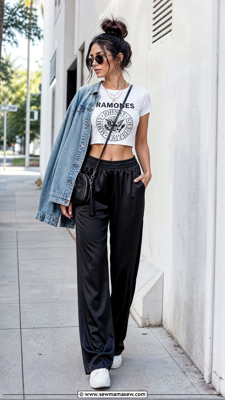 Graphic Crop Top With Satin Pants - 20 crop top with satin pants outfit ideas