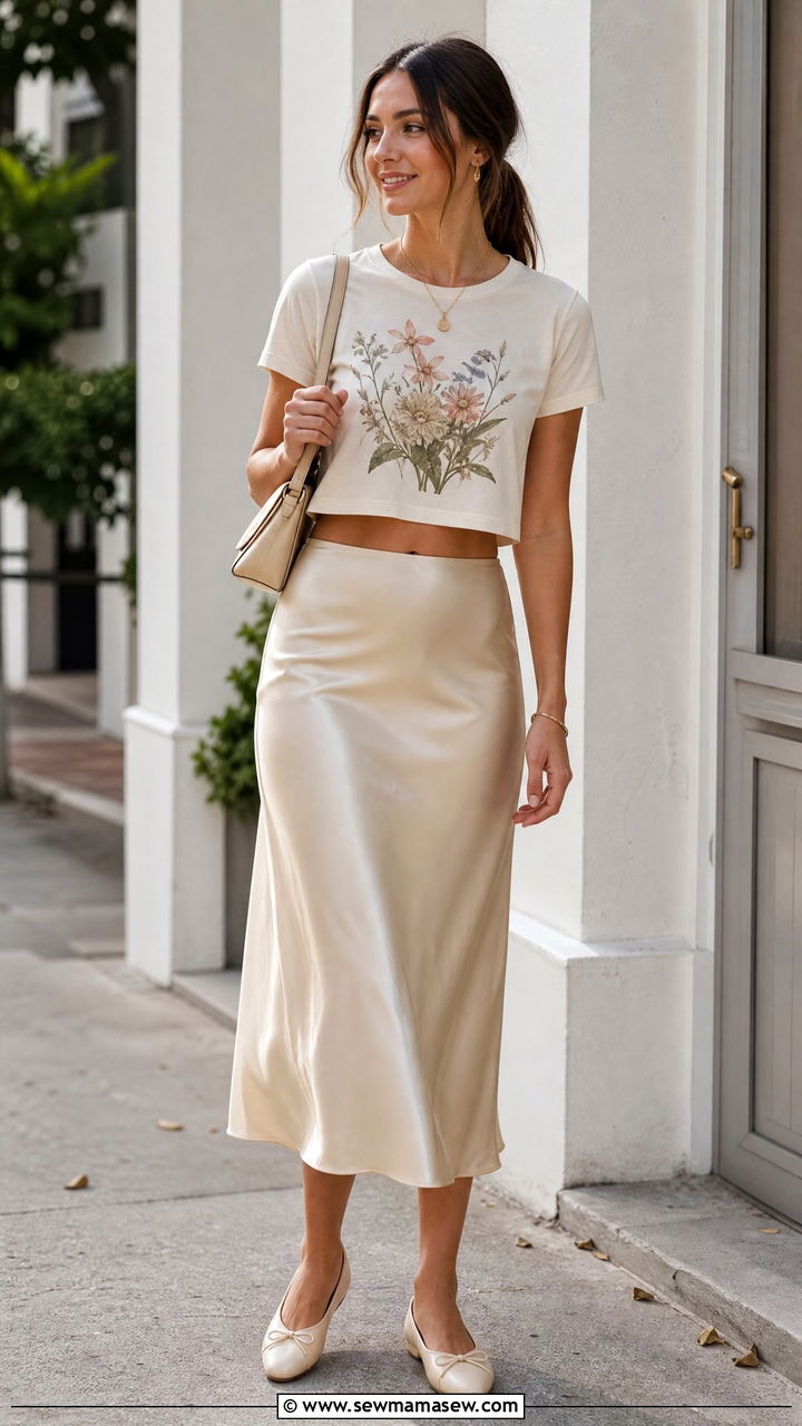 Graphic Crop Top With Satin Skirt - 20 graphic crop top outfit ideas