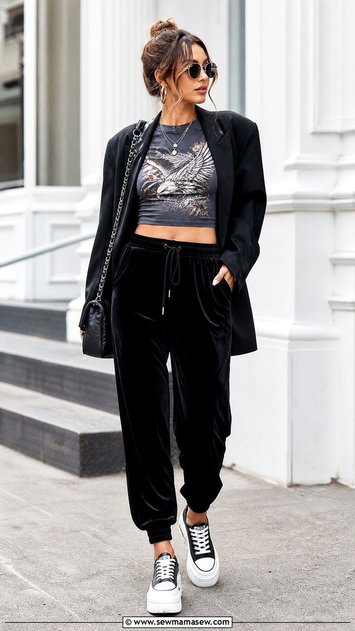 Graphic Crop Top With Velvet Pants - 20 crop top with velvet pants outfit ideas