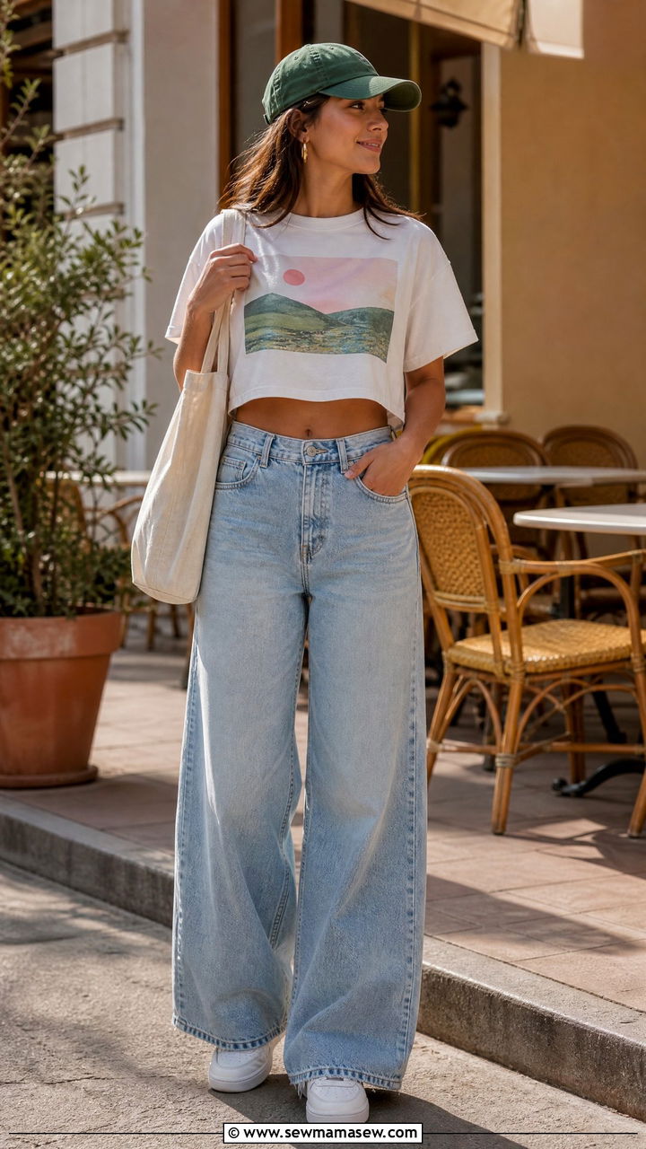 Graphic Crop Top With Wide Leg Jeans - 20 summer crop top outfit ideas with wide leg pants