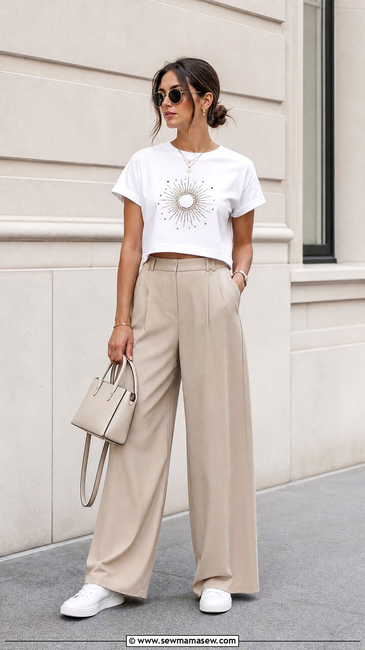 Graphic Crop Top With Wide Leg Trousers - 20 graphic crop top outfit ideas