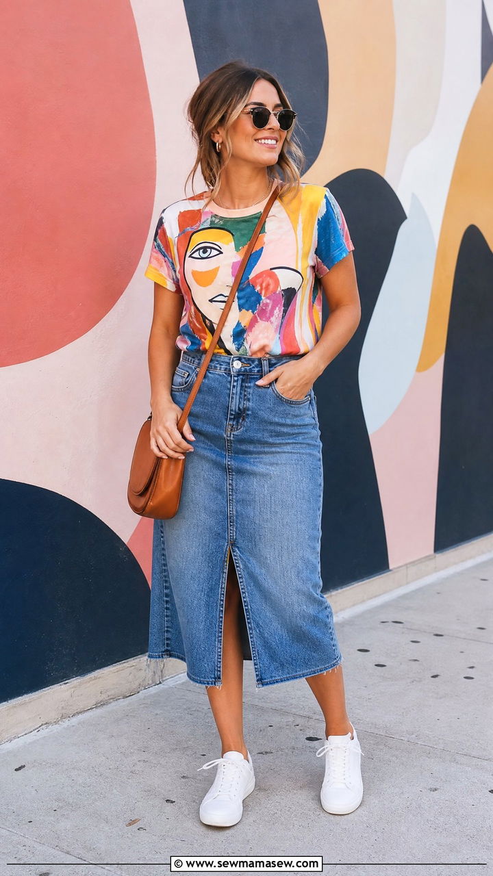 Graphic Statement Top With Denim Skirt Outfit - 20 statement top outfit ideas