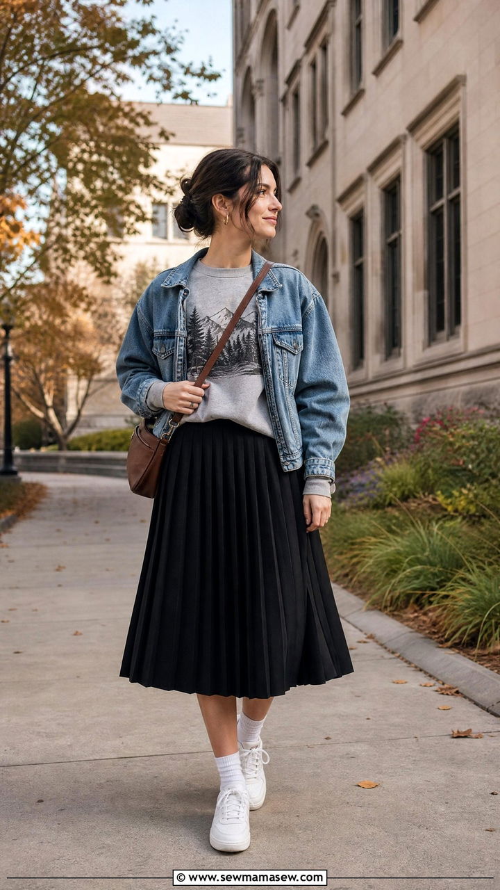 Graphic Sweatshirt With Pleated Skirt - 20 fall top outfit ideas