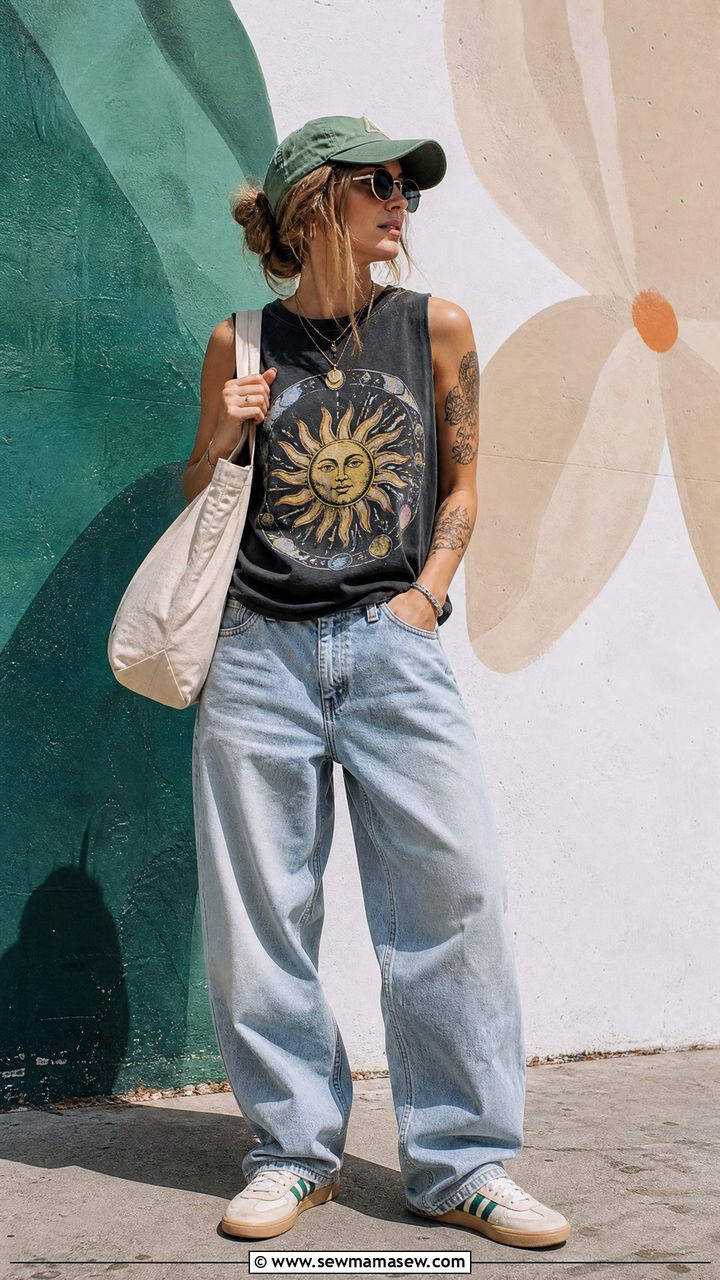 Graphic Tank Top With Baggy Jeans - 20 casual tank top outfit ideas