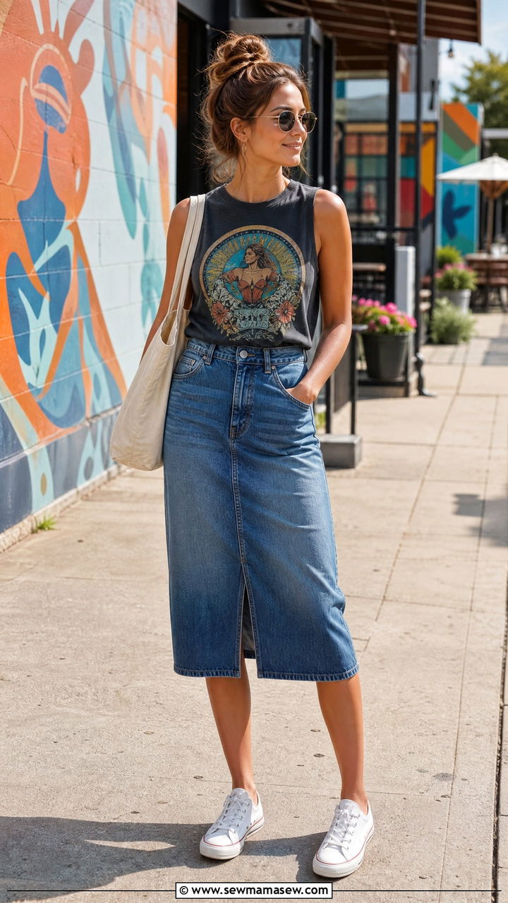 Graphic Tank Top With Denim Skirt - 20 summer tank top outfit ideas