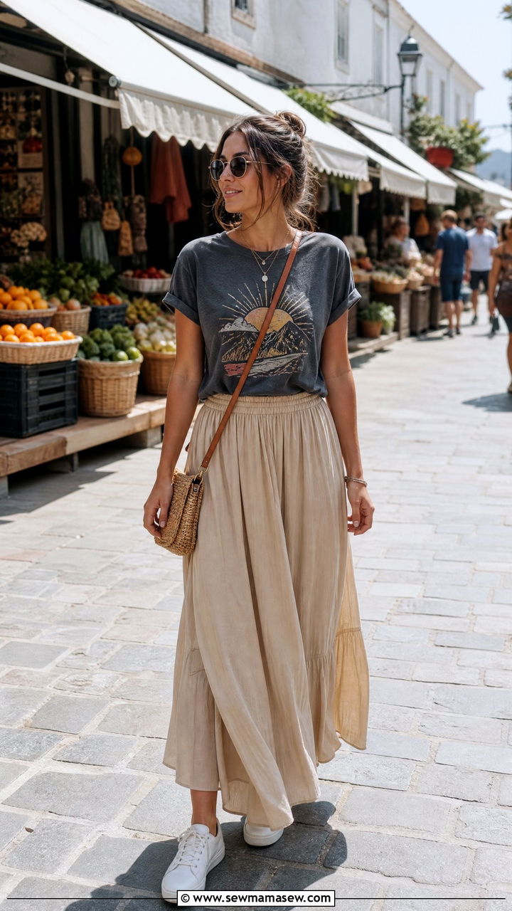 Graphic Tee And Maxi Skirt Outfit - 20 summer top outfit ideas