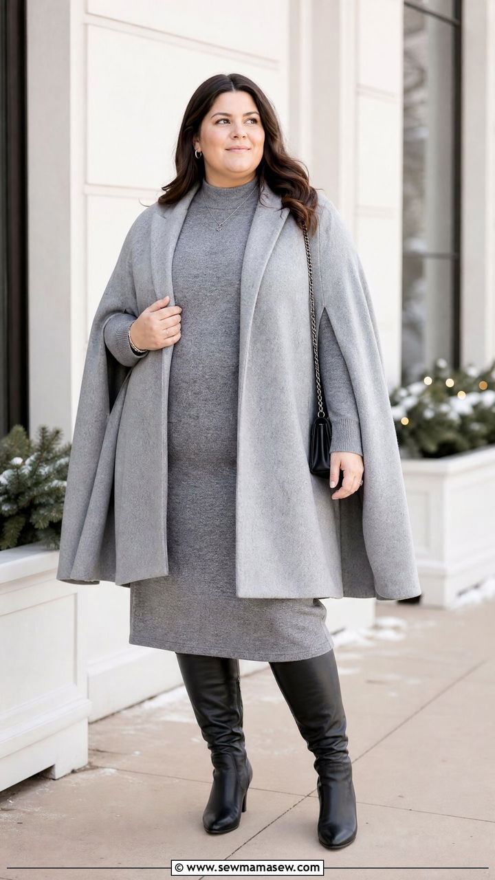 Gray Cape Coat With Sweater Dress - 20 plus size cape coat outfit ideas