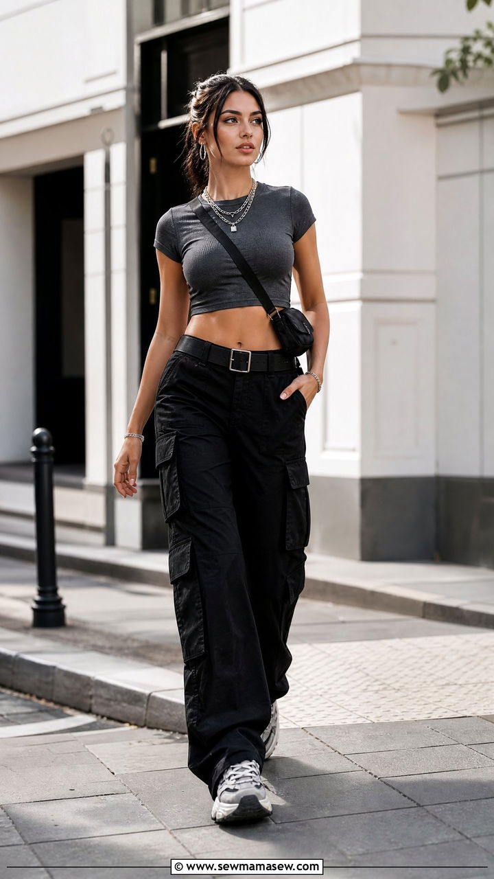 Gray Crop Top With Black Cargo Pants - 20 neutral crop top outfit ideas