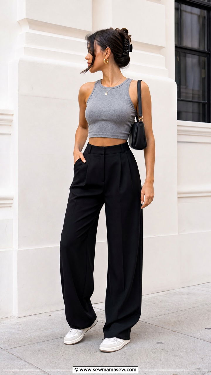 Gray Crop Top With Black Trousers - 20 clean girl crop top outfit ideas