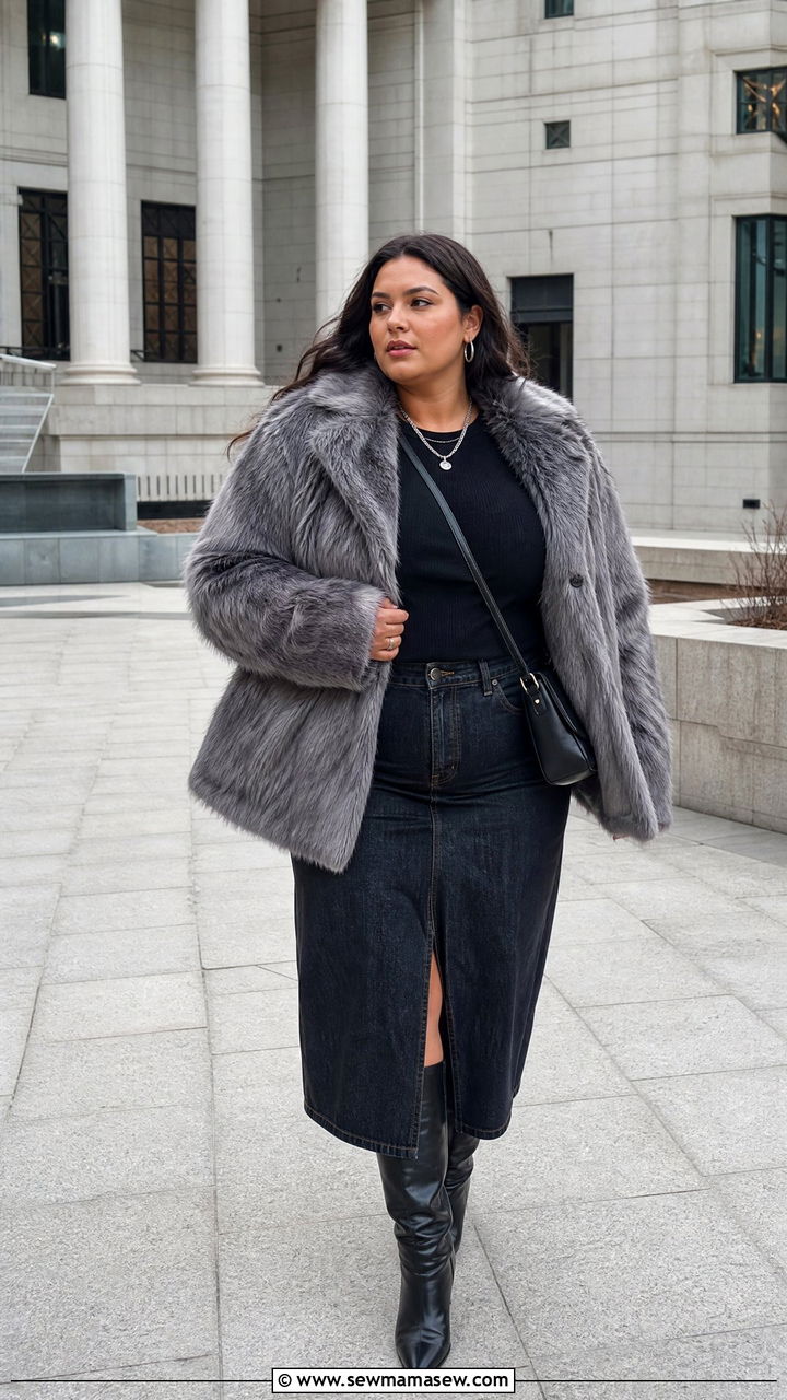 Gray Faux Fur Coat With Denim Skirt - 20 plus size faux fur coat outfit ideas
