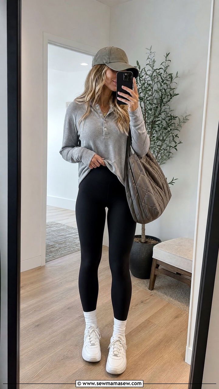 Gray Henley Top With Black Leggings - 20 henley top outfit ideas