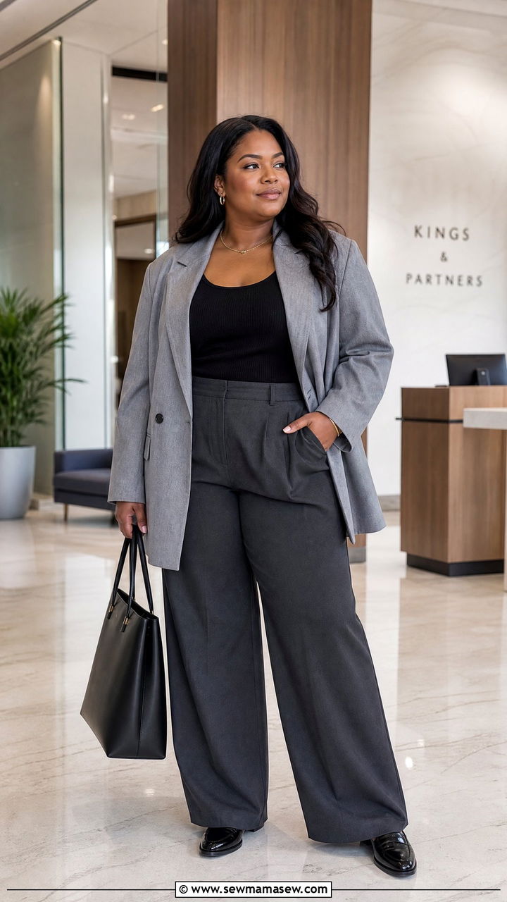 Gray Oversized Blazer With Wide Leg Trousers - 20 plus size oversized blazer outfit ideas