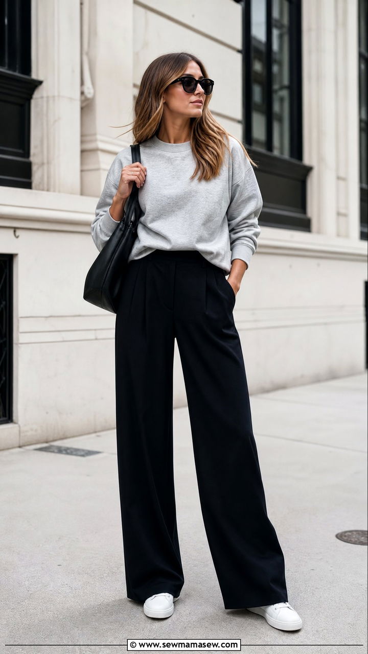 Gray Sweatshirt With Black Wide Leg Pants - 20 sweatshirt outfit ideas