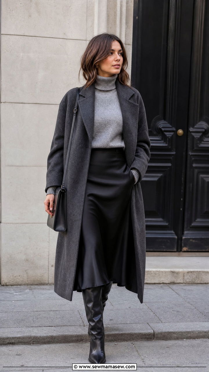 Gray Turtleneck Sweater With Black Midi Skirt - 20 turtleneck sweater outfit ideas