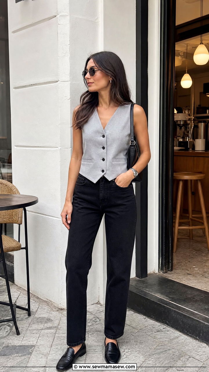 Gray Waistcoat Top With Black Jeans - 20 waistcoat top outfit ideas