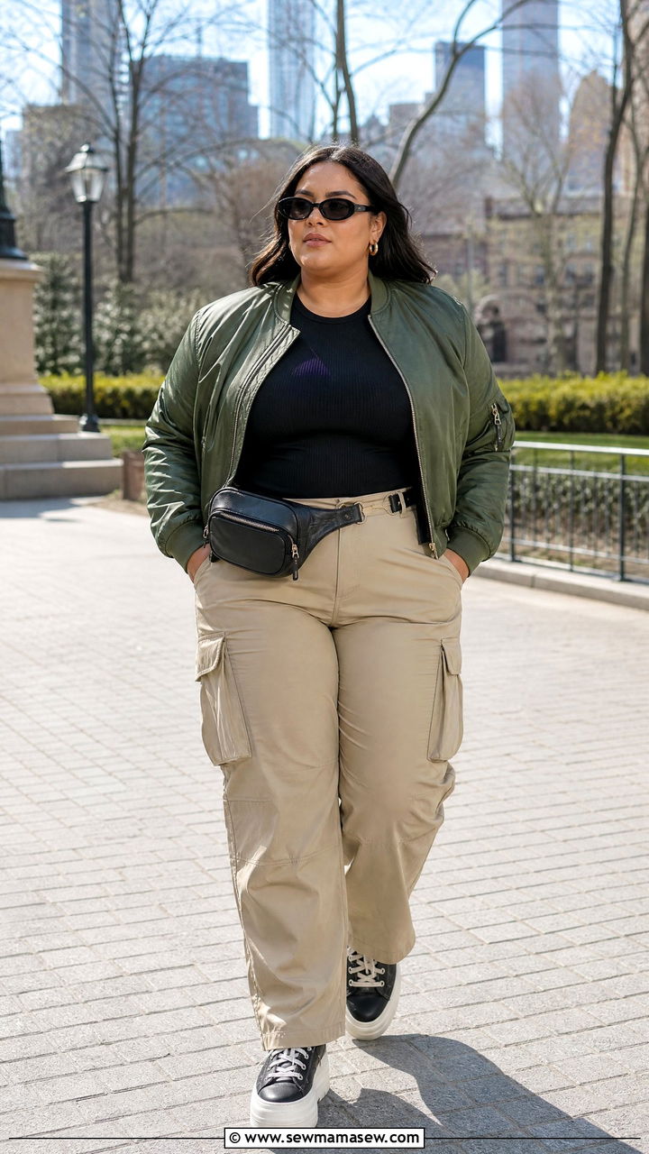 Green Bomber Jacket With Cargo Pants - 20 plus size bomber jacket outfit ideas