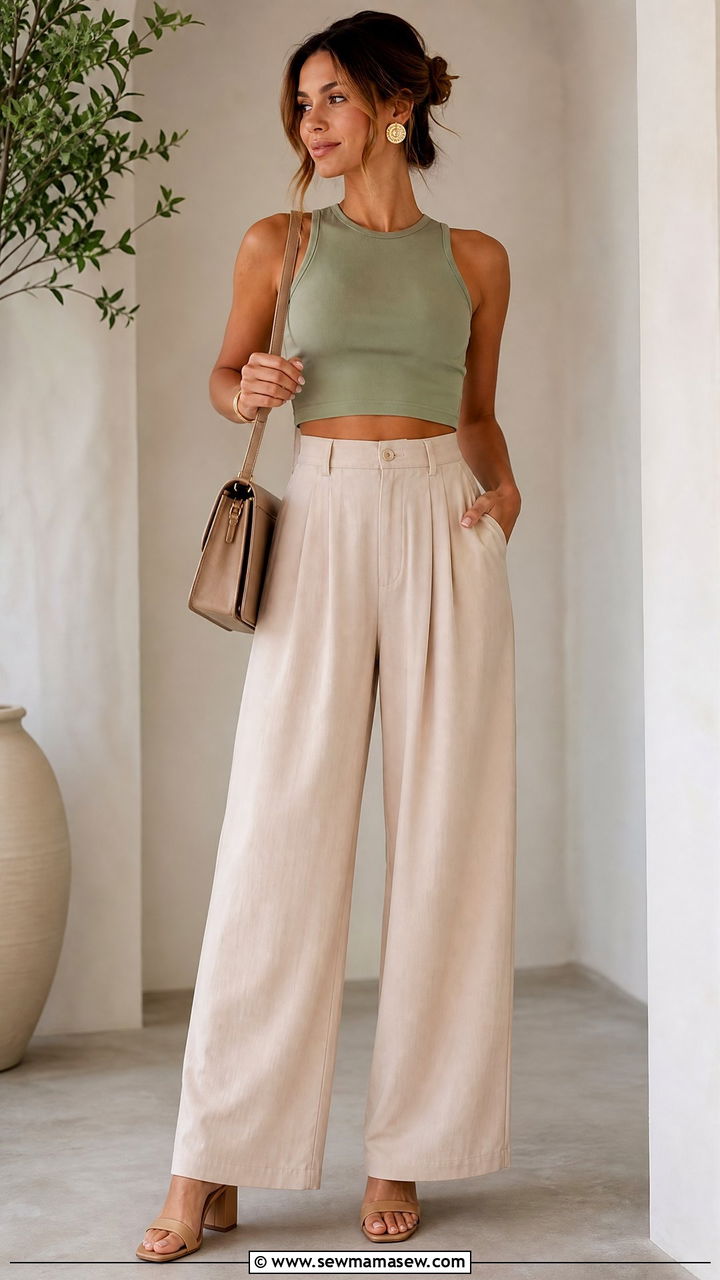 Green Crop Top With Beige Wide Leg Pants - 20 green crop top outfit ideas