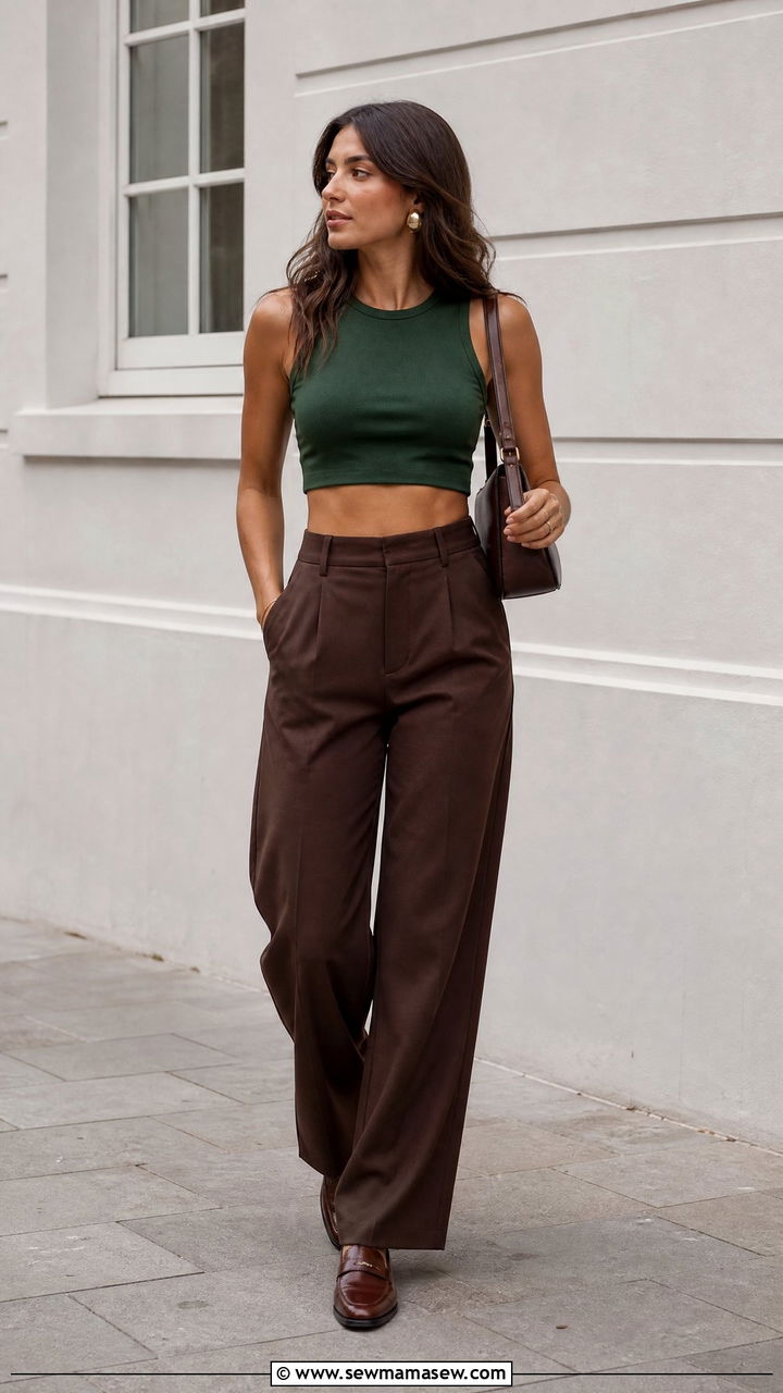 Green Crop Top With Brown Pants - 20 green crop top outfit ideas