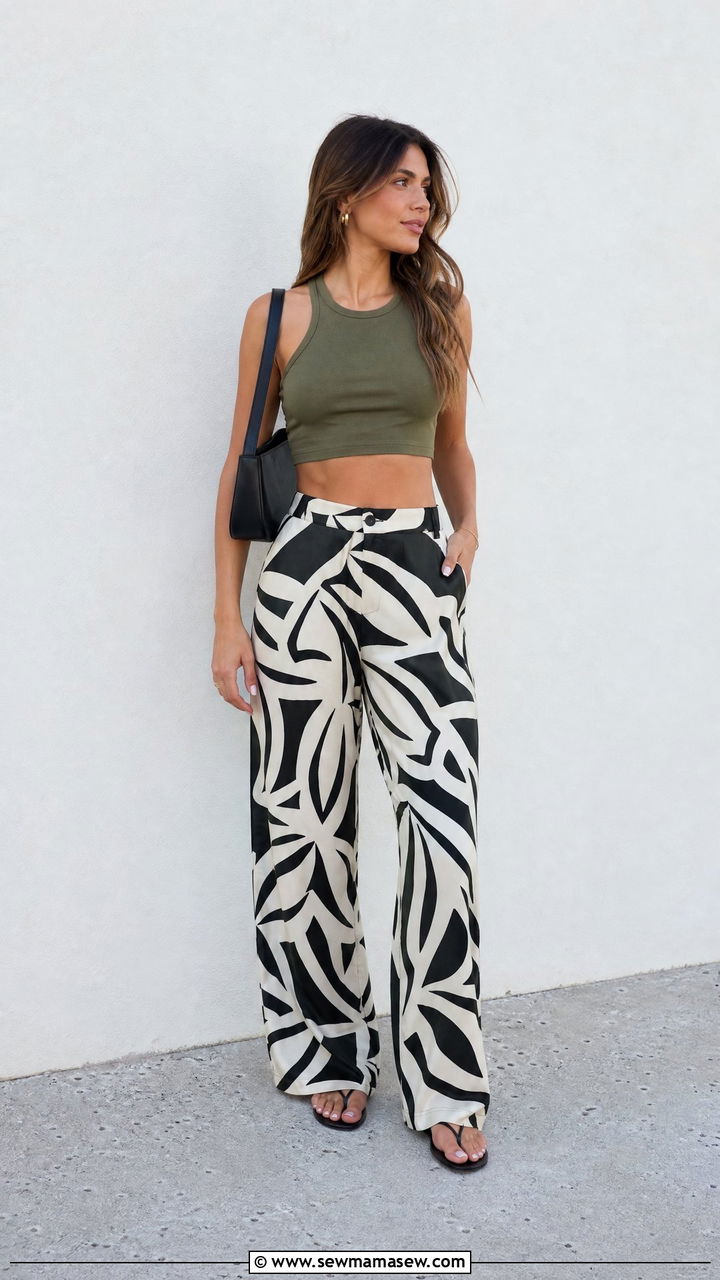 Green Crop Top With Printed Pants - 20 green crop top outfit ideas