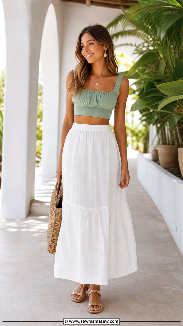 Green Crop Top With White Maxi Skirt - 20 green crop top outfit ideas