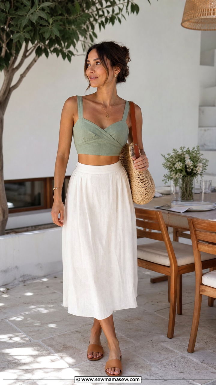 Green Linen Crop Top With White Linen Skirt - 20 linen crop top summer outfit ideas