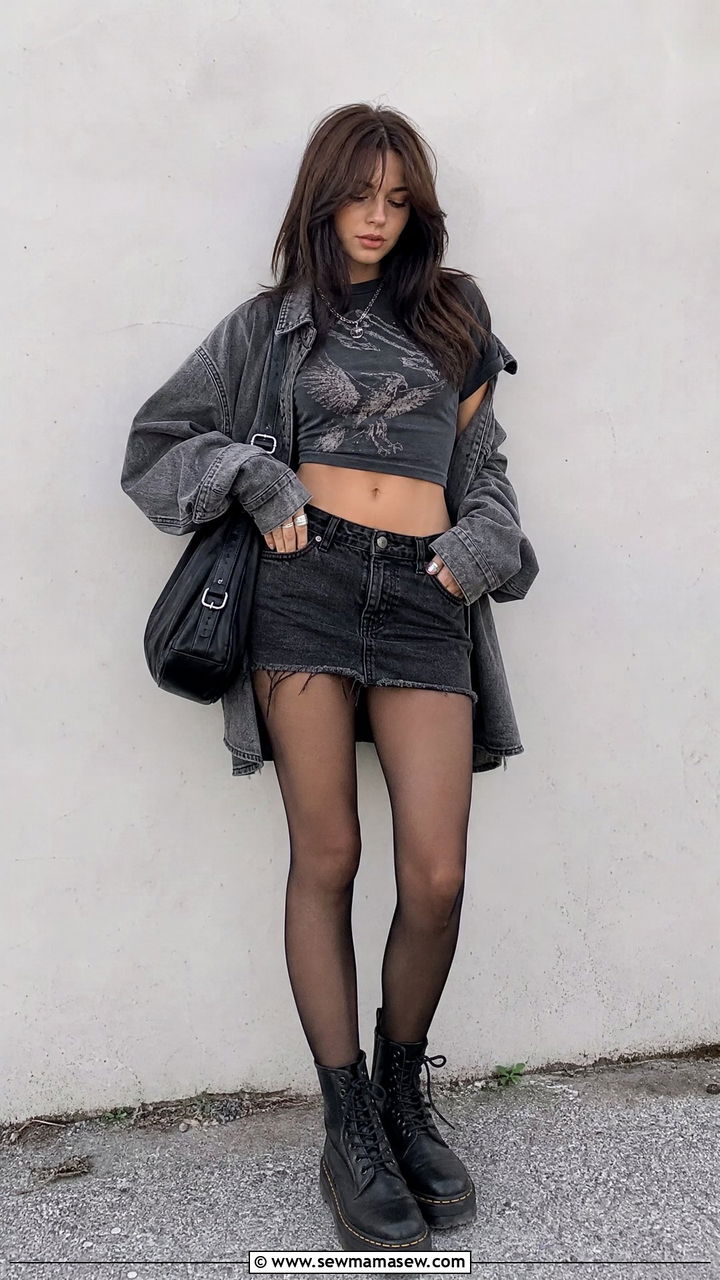 Grunge Crop Top With Denim Mini Skirt - 20 grunge crop top outfit ideas