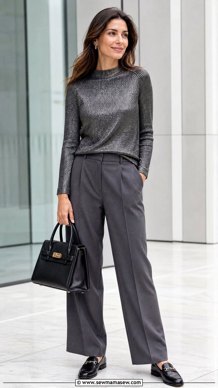 Gunmetal Metallic Top With Gray Trousers - 20 metallic top outfit ideas