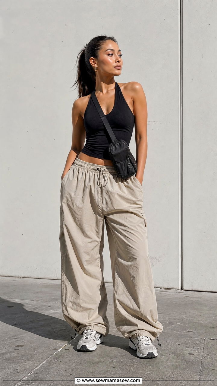 Halter Bodycon Top With Parachute Pants - 20 bodycon top outfit ideas