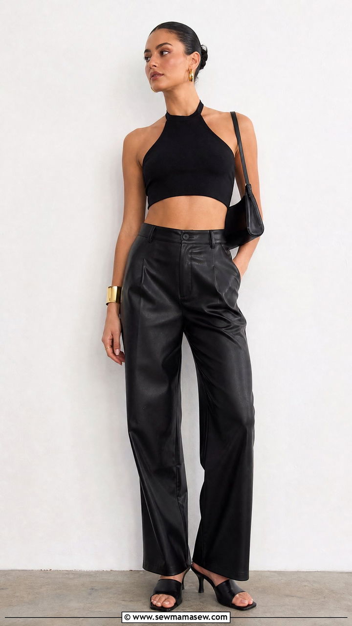 Halter Crop Top And Leather Pants Outfit - 20 crop top and leather pants outfit ideas