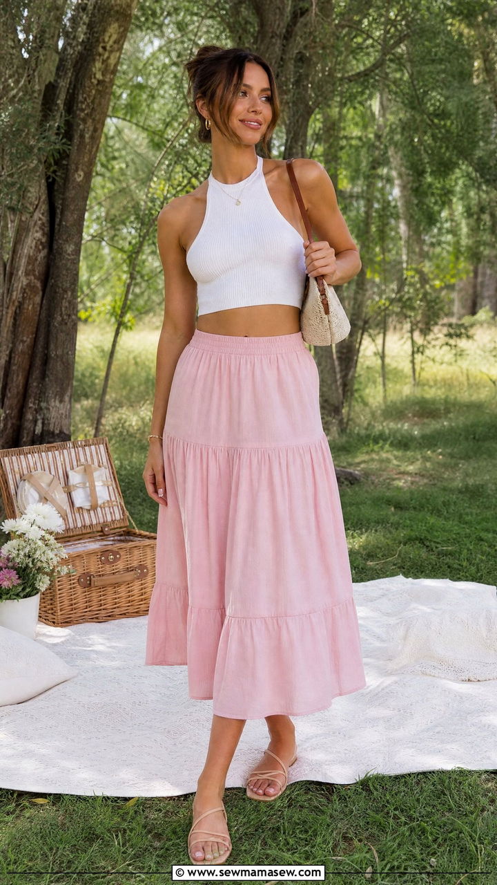 Halter Crop Top And Midi Skirt Picnic Outfit - 20 summer crop top outfit ideas for a picnic