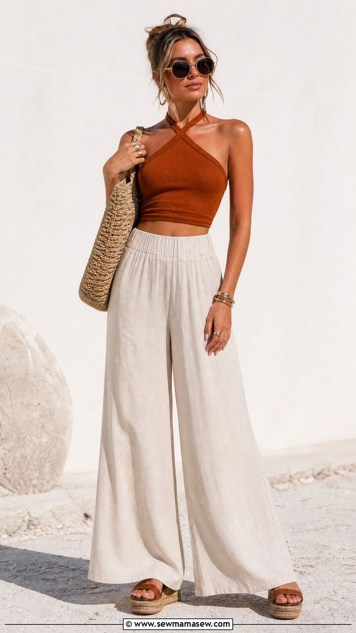 Halter Crop Top And Wide Leg Pants Festival Outfit - 20 summer crop top festival outfit ideas