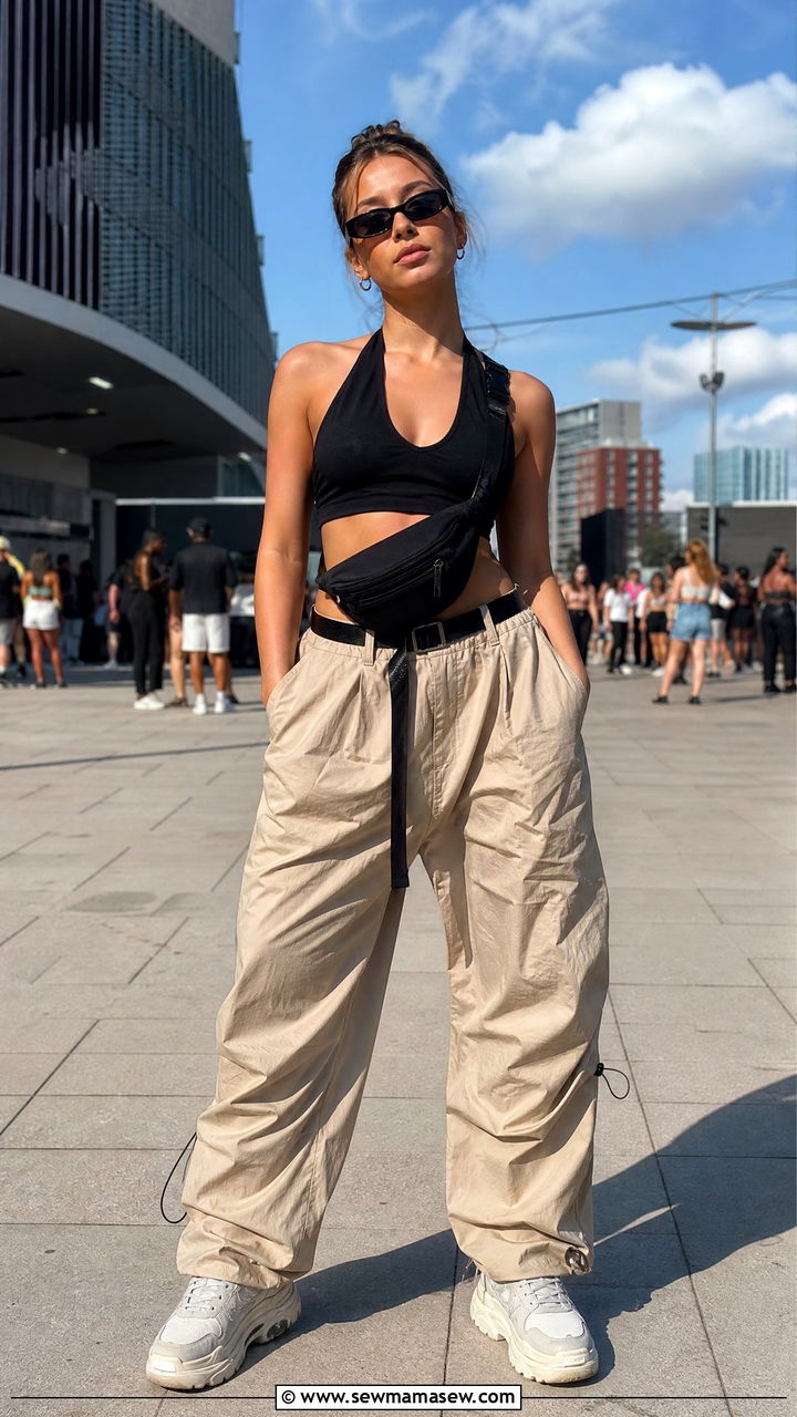 Halter Crop Top Concert Outfit With Parachute Pants - 20 summer crop top concert outfit ideas