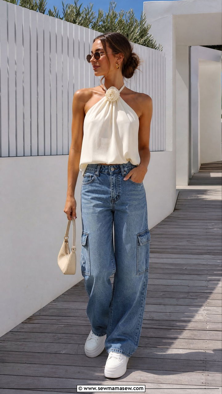 Halter Crop Top With Cargo Jeans - 20 crop top with cargo jeans outfit ideas