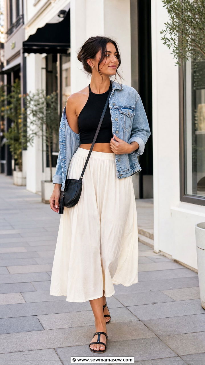 Halter Crop Top With Denim Jacket And Skirt - 20 halter crop top outfit ideas