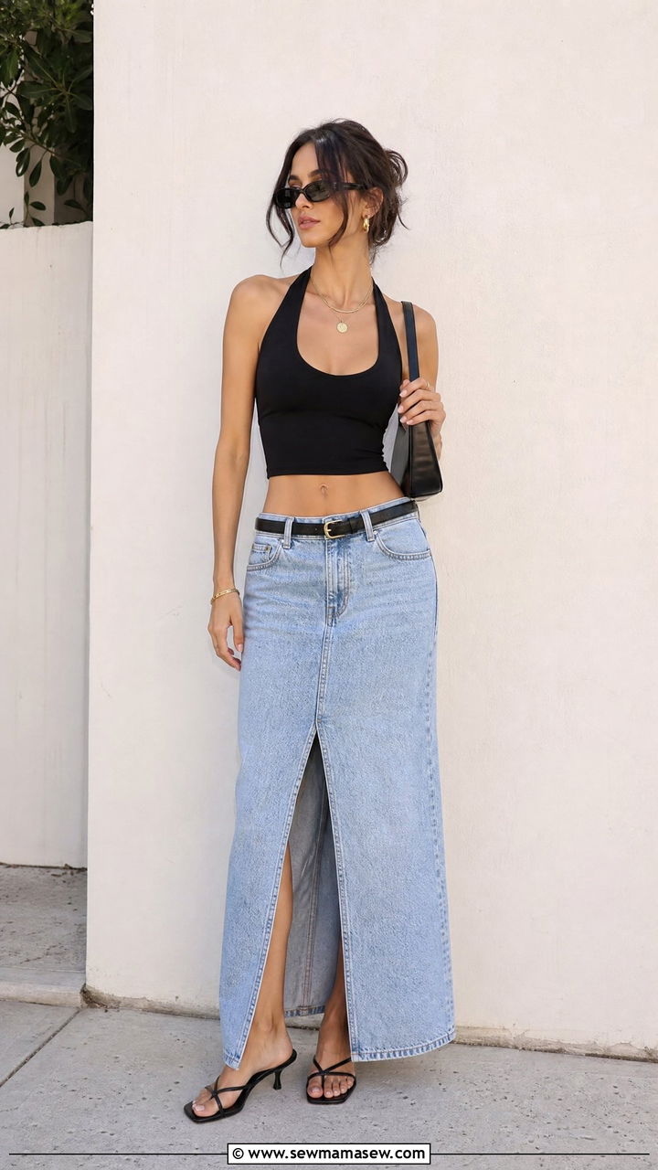 Halter Crop Top With Denim Maxi Skirt - 20 halter crop top outfit ideas