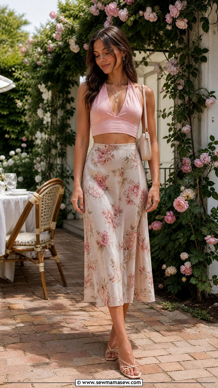 Halter Crop Top With Floral Slip Skirt - 20 summer crop top outfit ideas with a slip skirt