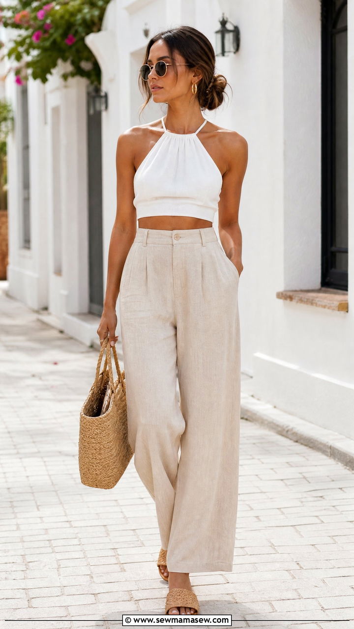 Halter Crop Top With Linen Pants - 20 crop top outfits for a photoshoot