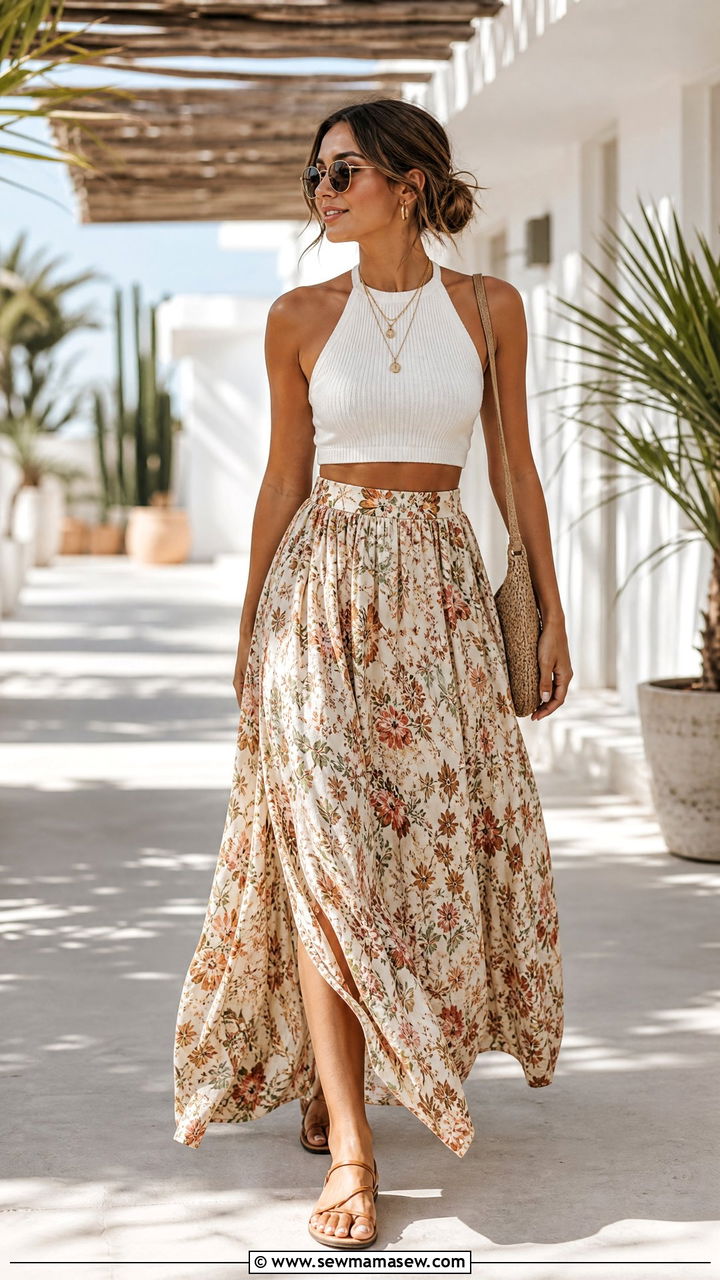Halter Crop Top With Maxi Skirt - 20 halter crop top summer outfit ideas