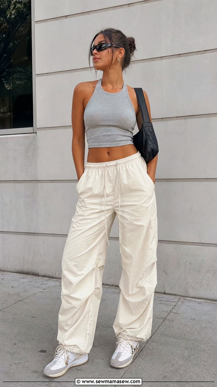 Halter Crop Top With Parachute Pants - 20 halter crop top outfit ideas